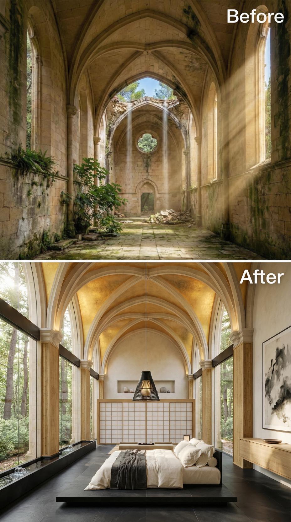 Gothic Nave Vaulting Gilded in Amber Above a Japanese-Influenced Platform Bed