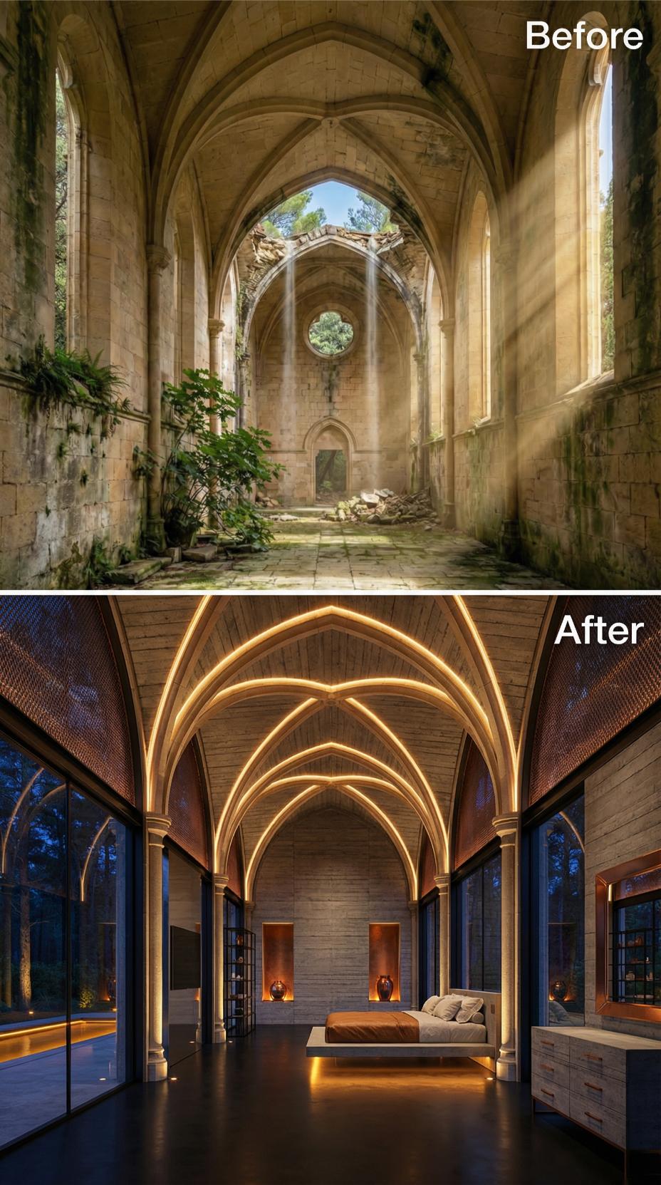 Gothic Vaulting Outlined in Amber Strip Lighting Above a Floating Stone Bed