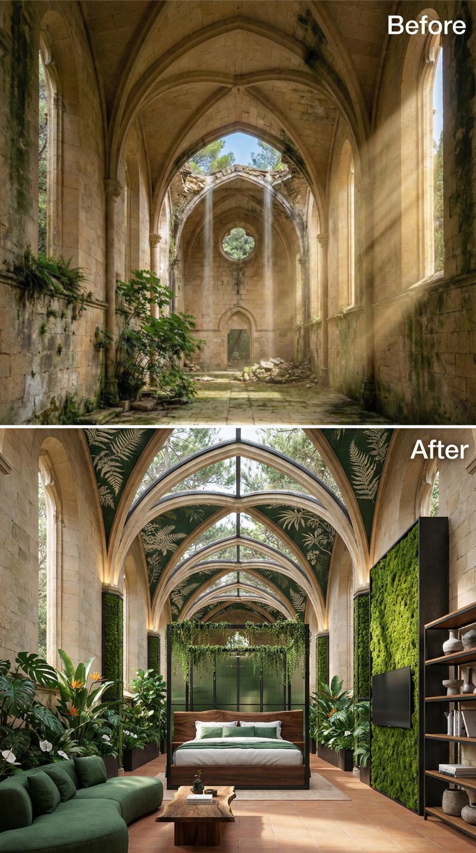 Moss Walls and Botanical Wallpaper Reclaim a Gothic Nave as a Forest Bedroom