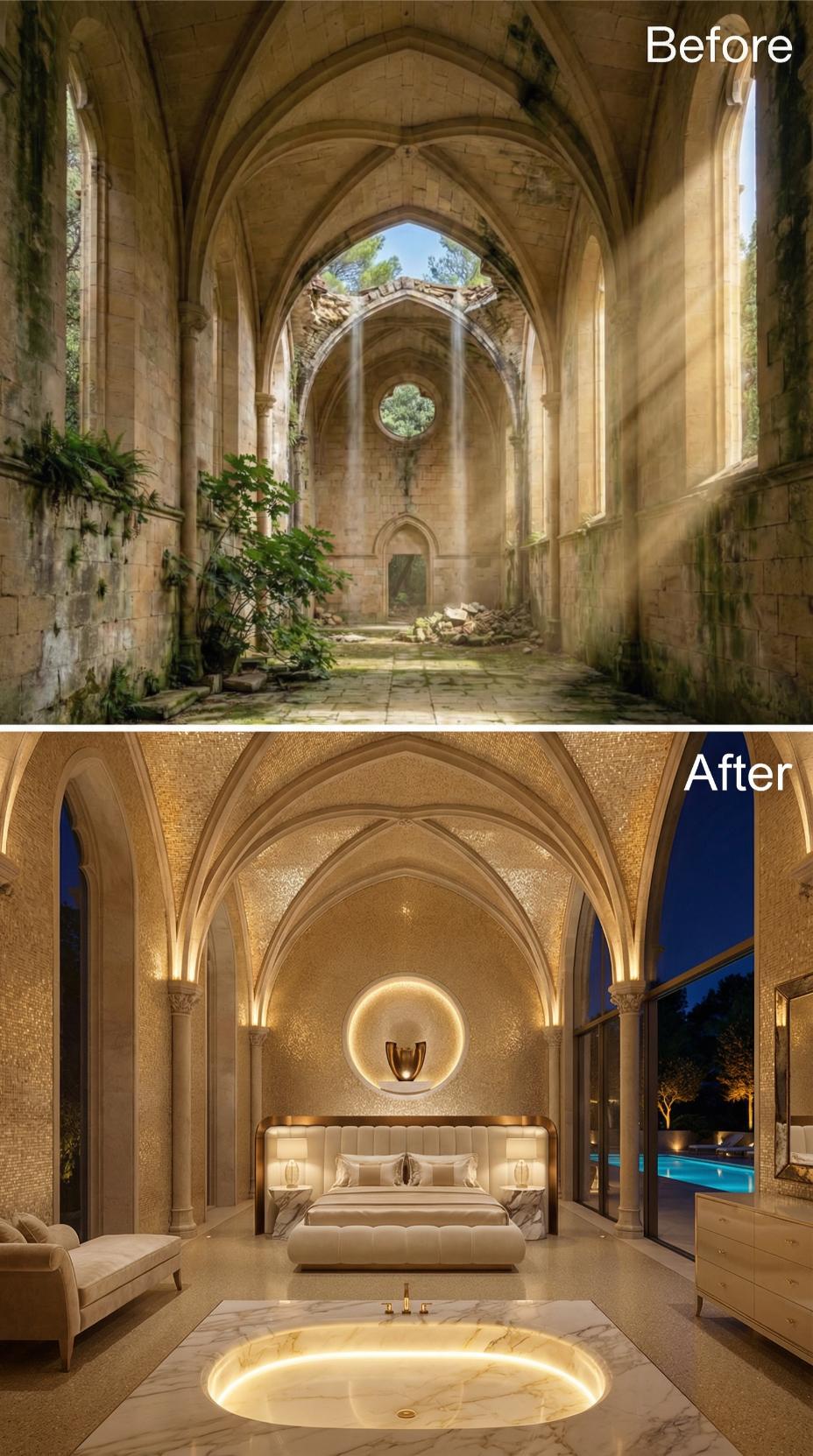 Gold Mosaic Vaulting and a Sunken Tub Pull a Ruined Gothic Nave Into Pure Luxury