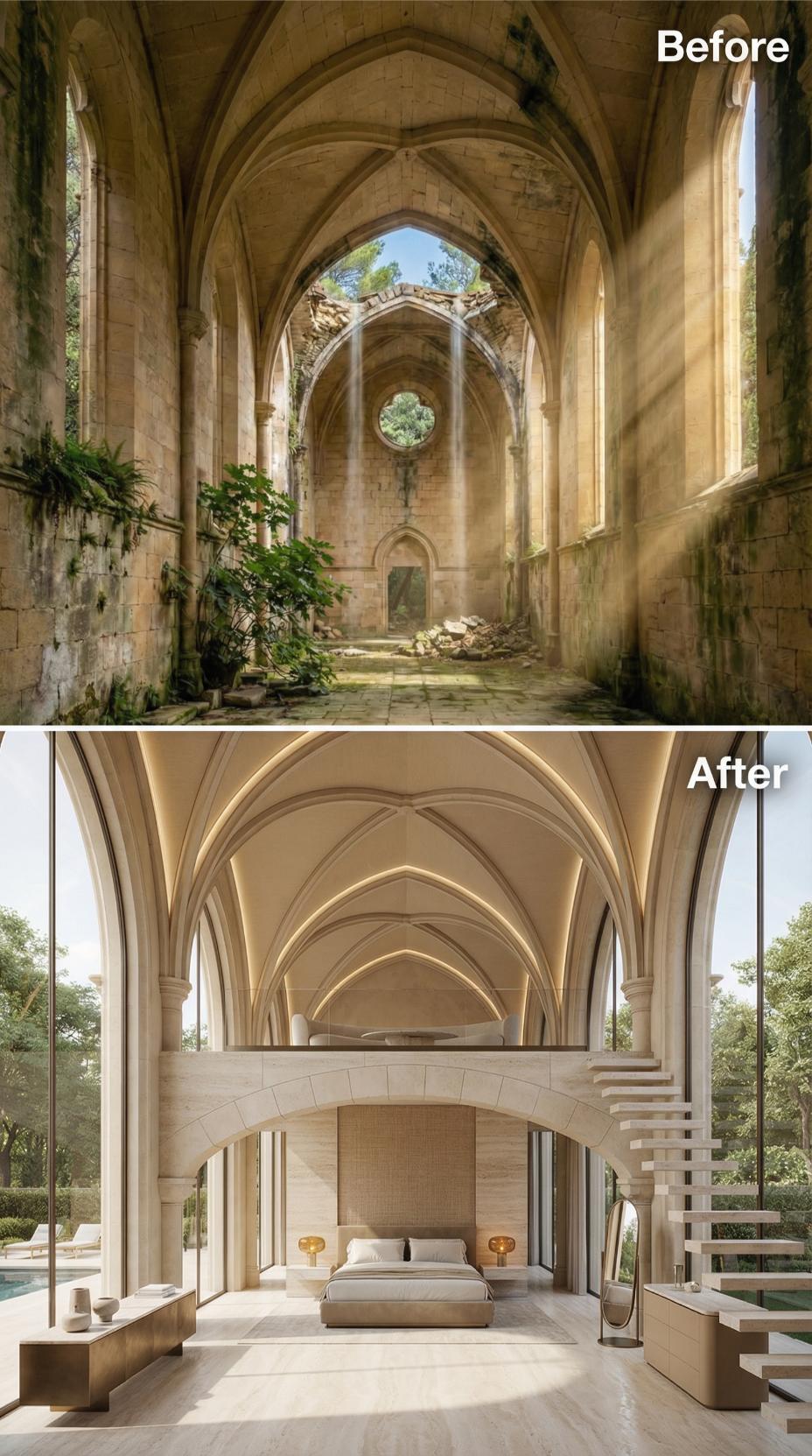 Ruined Gothic Nave Converted Into a Mezzanine Bedroom With Ribbed Vaulting and Travertine