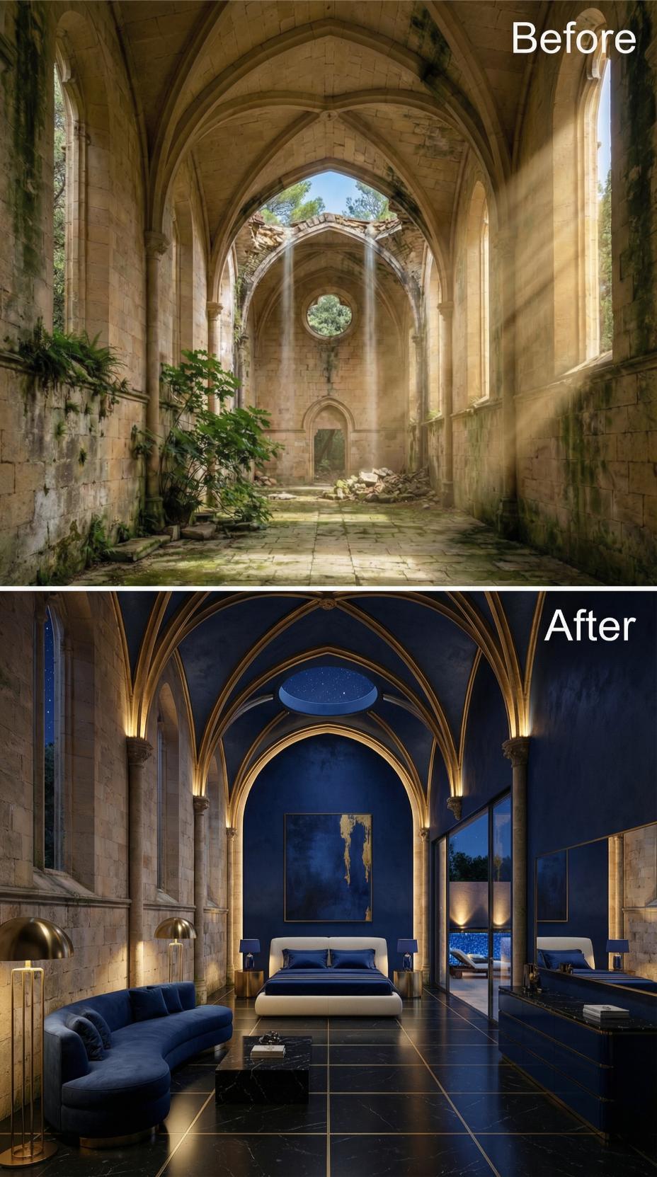 Midnight Blue Plaster and Gold Rib Vaulting Reclaim a Ruined Gothic Nave