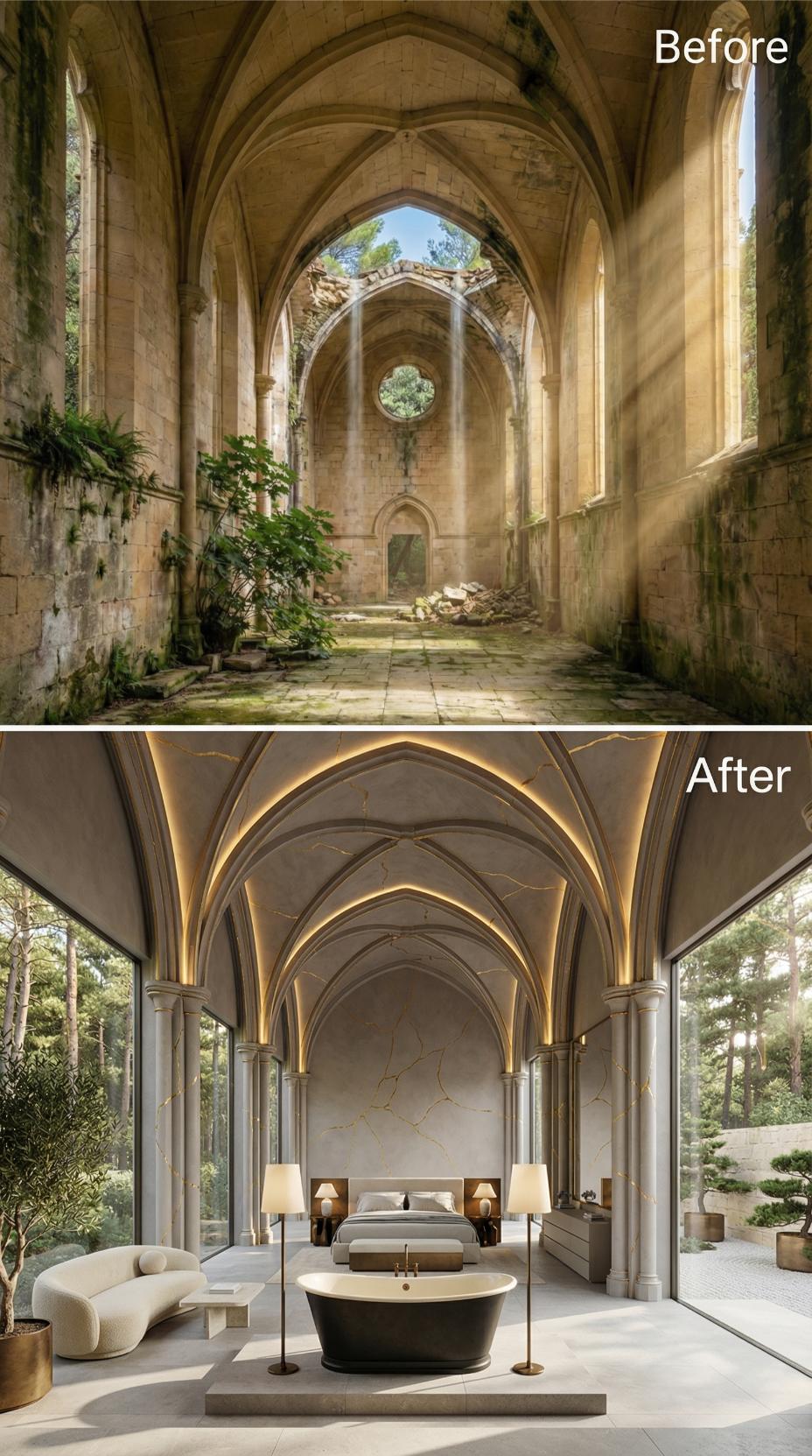 Kintsugi-Inspired Gold Veining and a Freestanding Tub Give New Life to Collapsed Gothic Vaulting