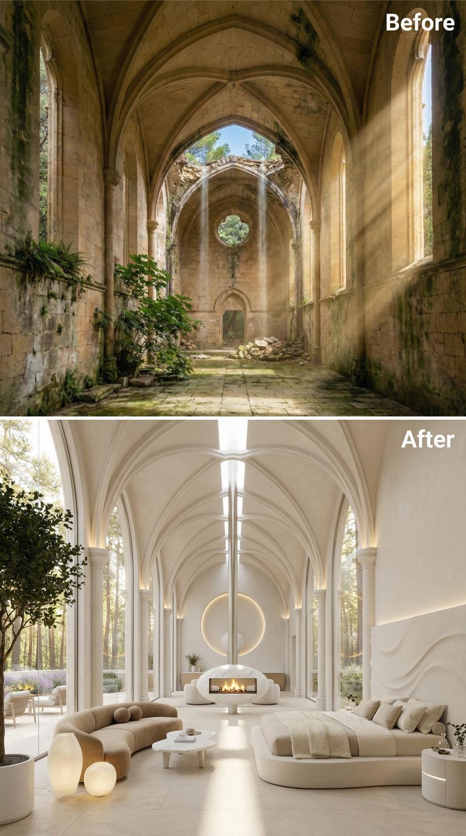 Crumbling Gothic Nave Plastered White and Furnished With Bouclé and an Open Fireplace
