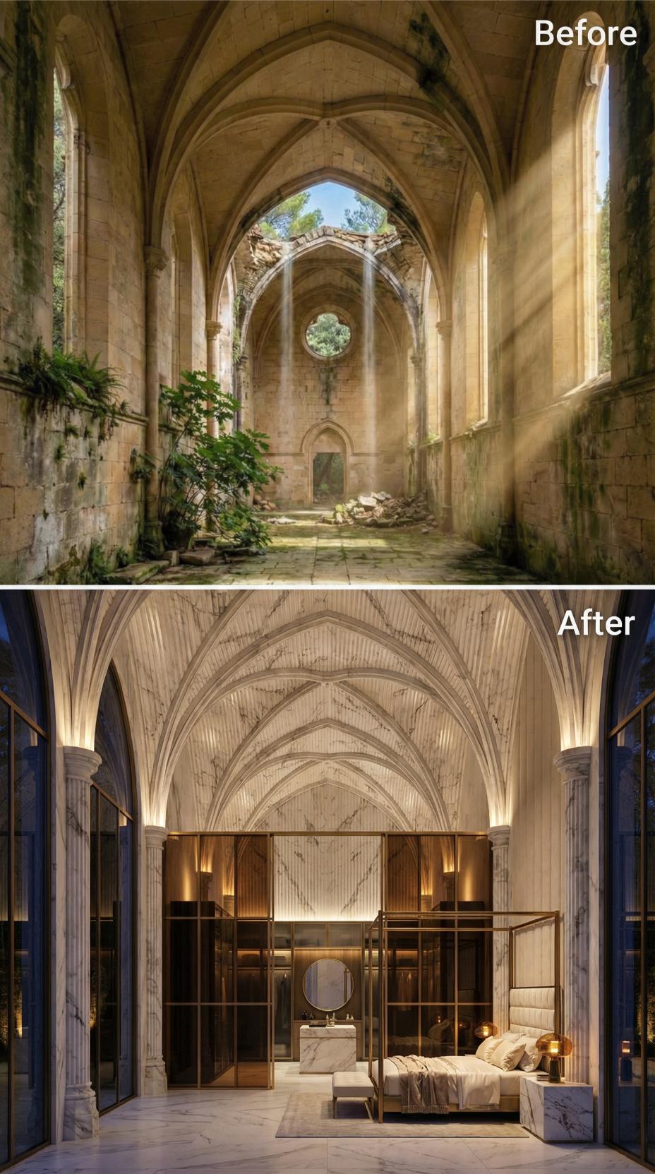 Marble Columns and Brass Grid Panels Bring a Collapsed Gothic Nave Back as a Bedroom