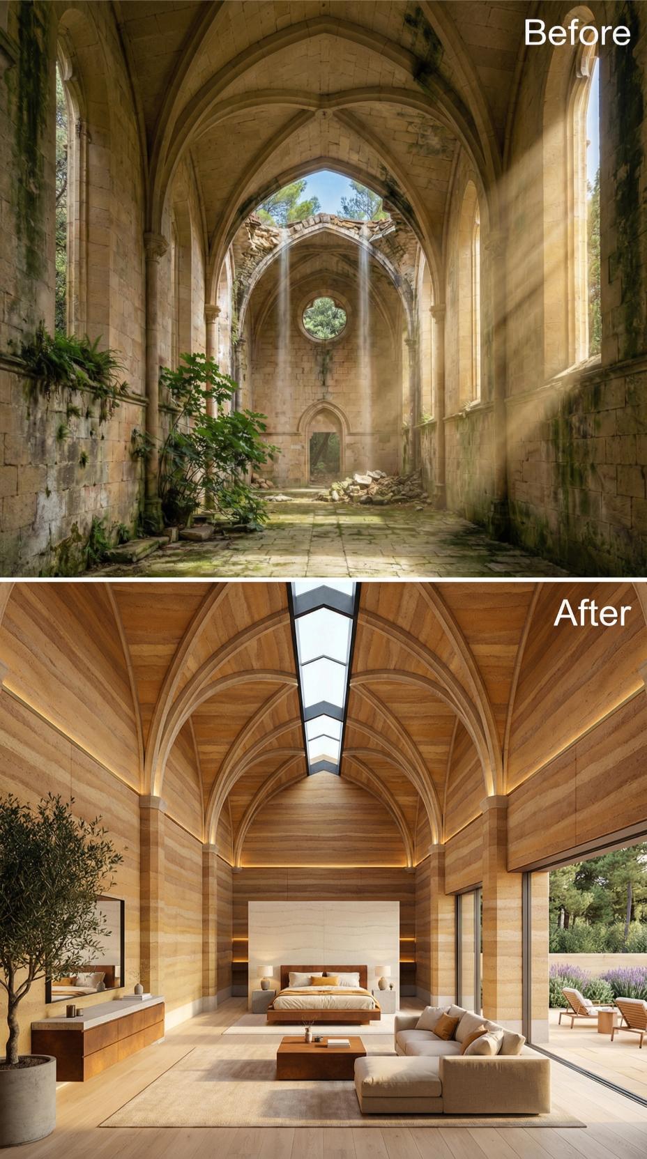 Warm Oak Cladding and a Ridge Skylight Reclaim a Roofless Gothic Nave as a Bedroom Suite