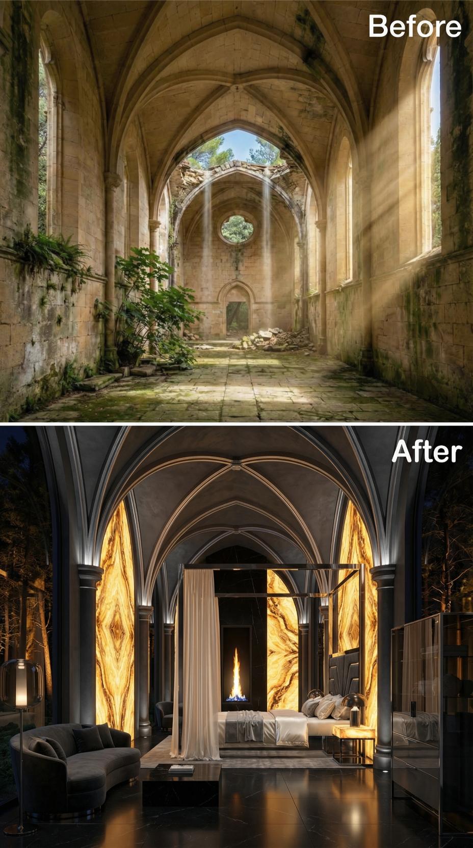 Backlit Onyx Panels and a Four-Poster Bed Claim the Nave of a Collapsed Gothic Church