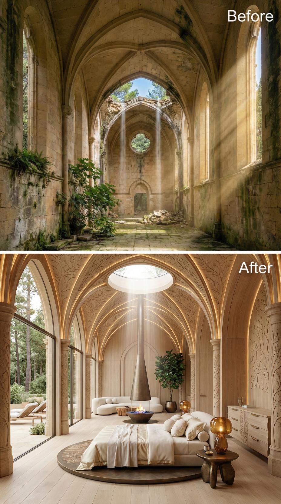 Ribbed Gothic Vaulting Clad in Carved Limestone Shelters a Round Bed and Suspended Fire Bowl