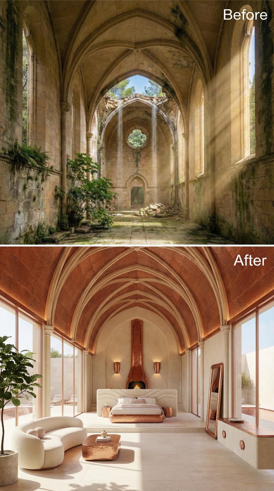 Terracotta Vaulting and Copper Details Reclaim a Gothic Nave as a Bedroom