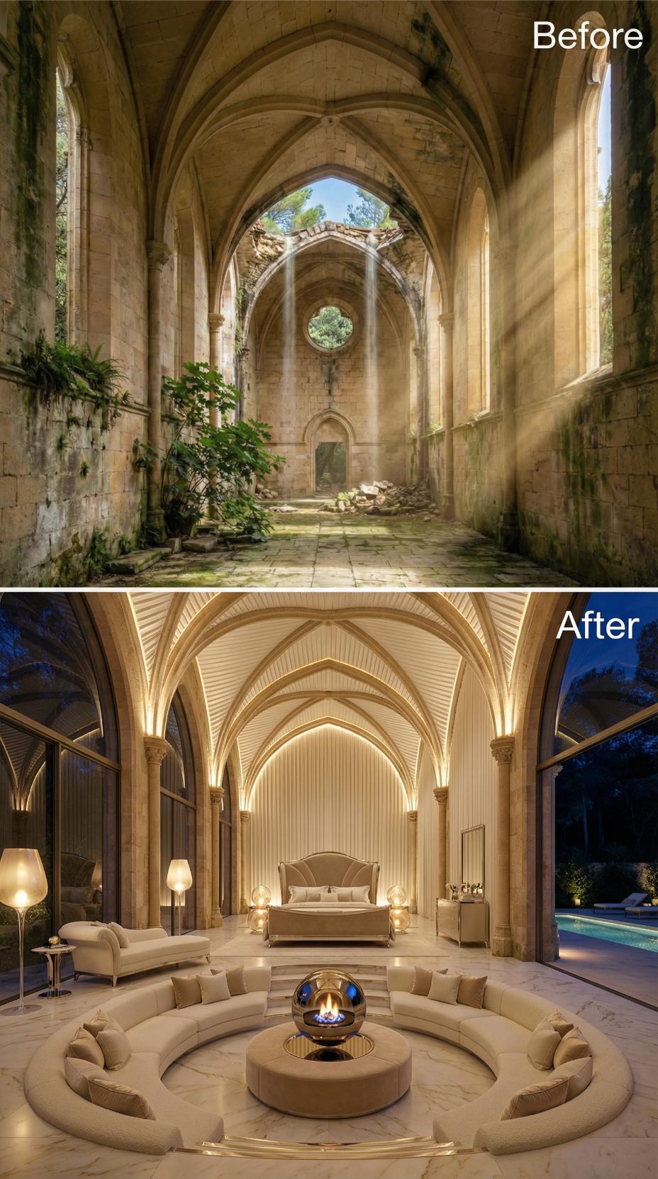 Pointed Gothic Vaults Washed in Cream Shelter a Sunken Conversation Pit and Platform Bed