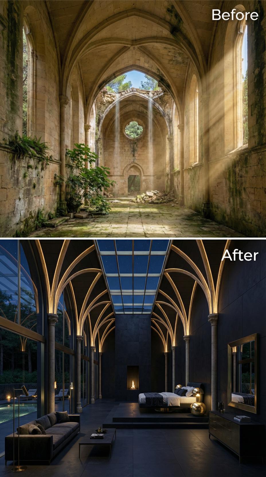 Gothic Rib Vaulting Lined in Brass Light and Open to a Glass Roof of Stars