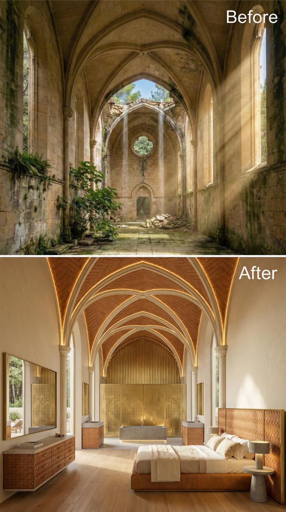 Herringbone Brick Vaulting and LED Rib Lines Reclaim a Gothic Nave as a Bedroom Suite