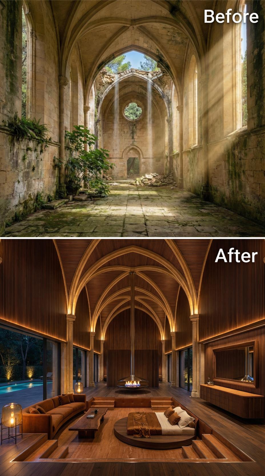 Walnut-Clad Gothic Vaulting Shelters a Sunken Lounge With a Central Fire Bowl