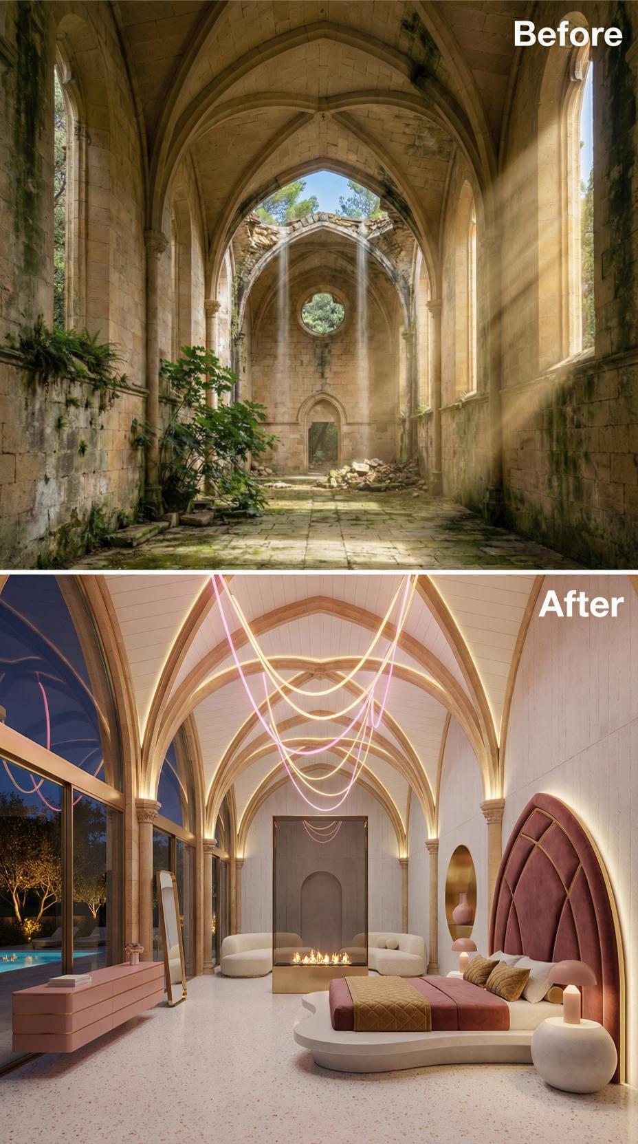 Neon Pink Light Strings and Warm Oak Ribs Reclaim a Roofless Gothic Nave as a Bedroom