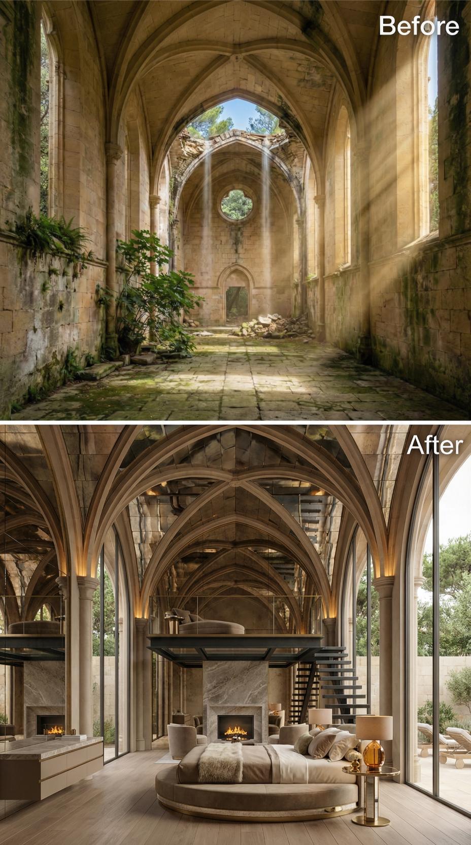 Steel Mezzanine and Marble Fireplace Transform a Stone-Vaulted Gothic Bedroom