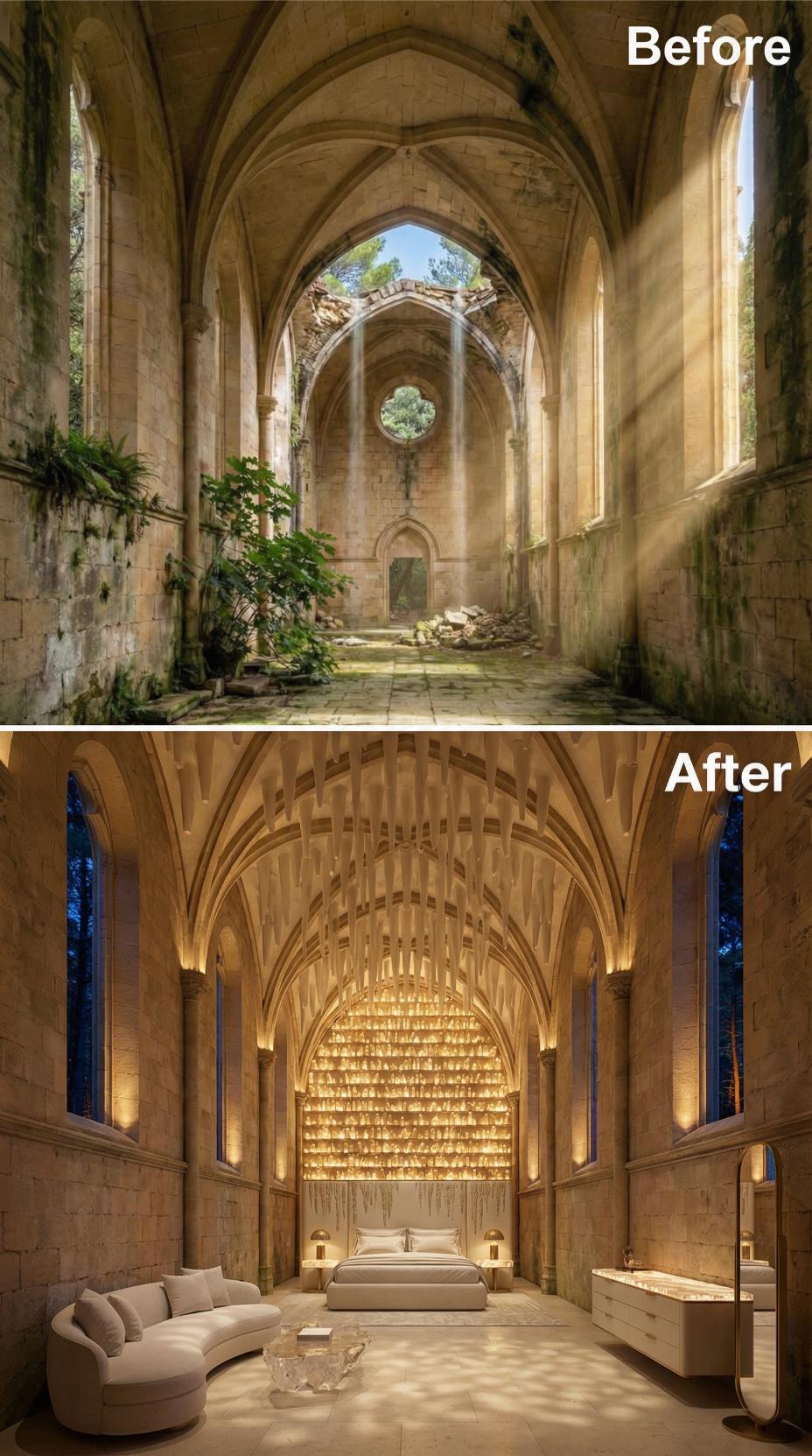 Candle-Grid Headwall and Gothic Stone Vaulting Shelter a Nave Bedroom Suite