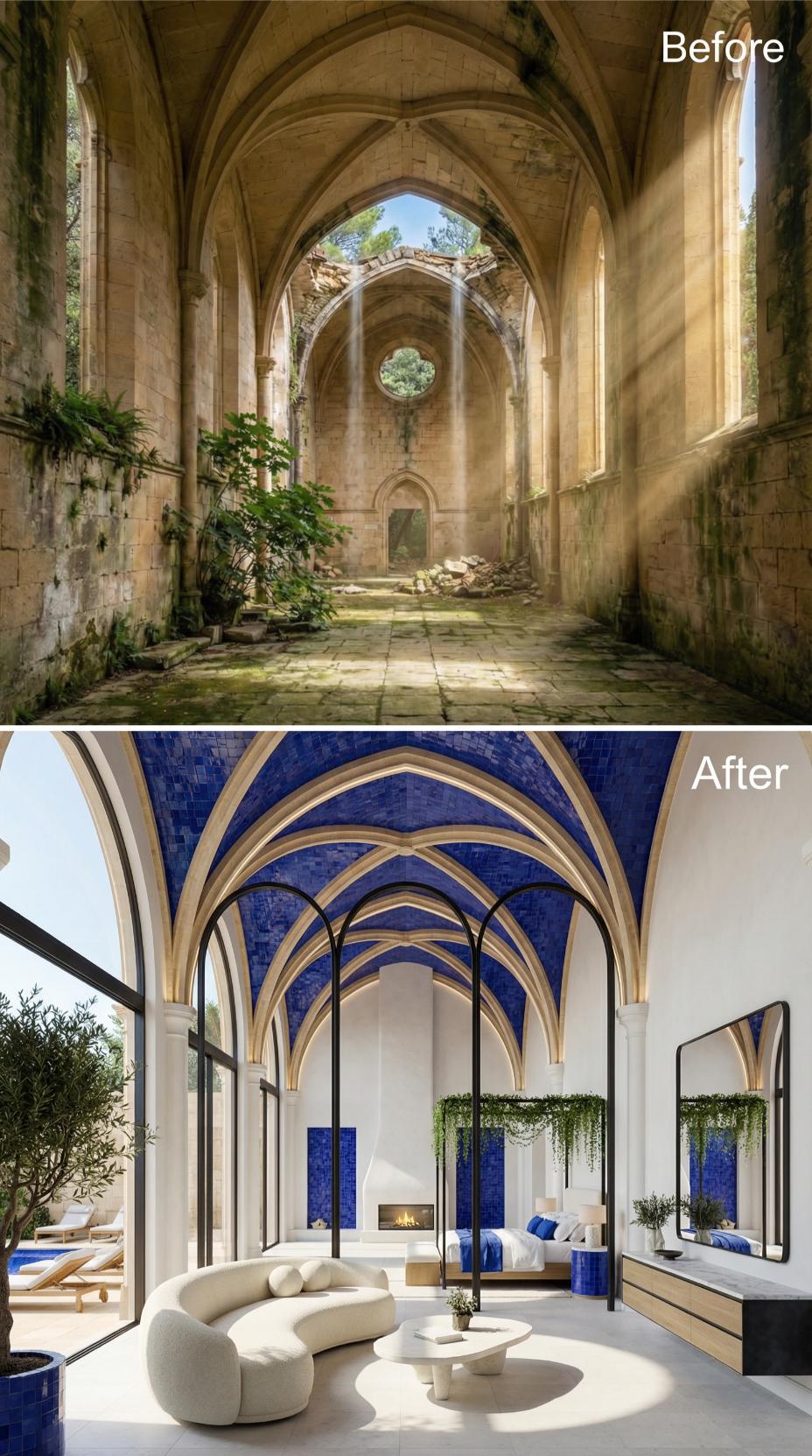Lapis Blue Mosaic Vaulting and a Curved Bouclé Sofa Reclaim a Roofless Gothic Nave