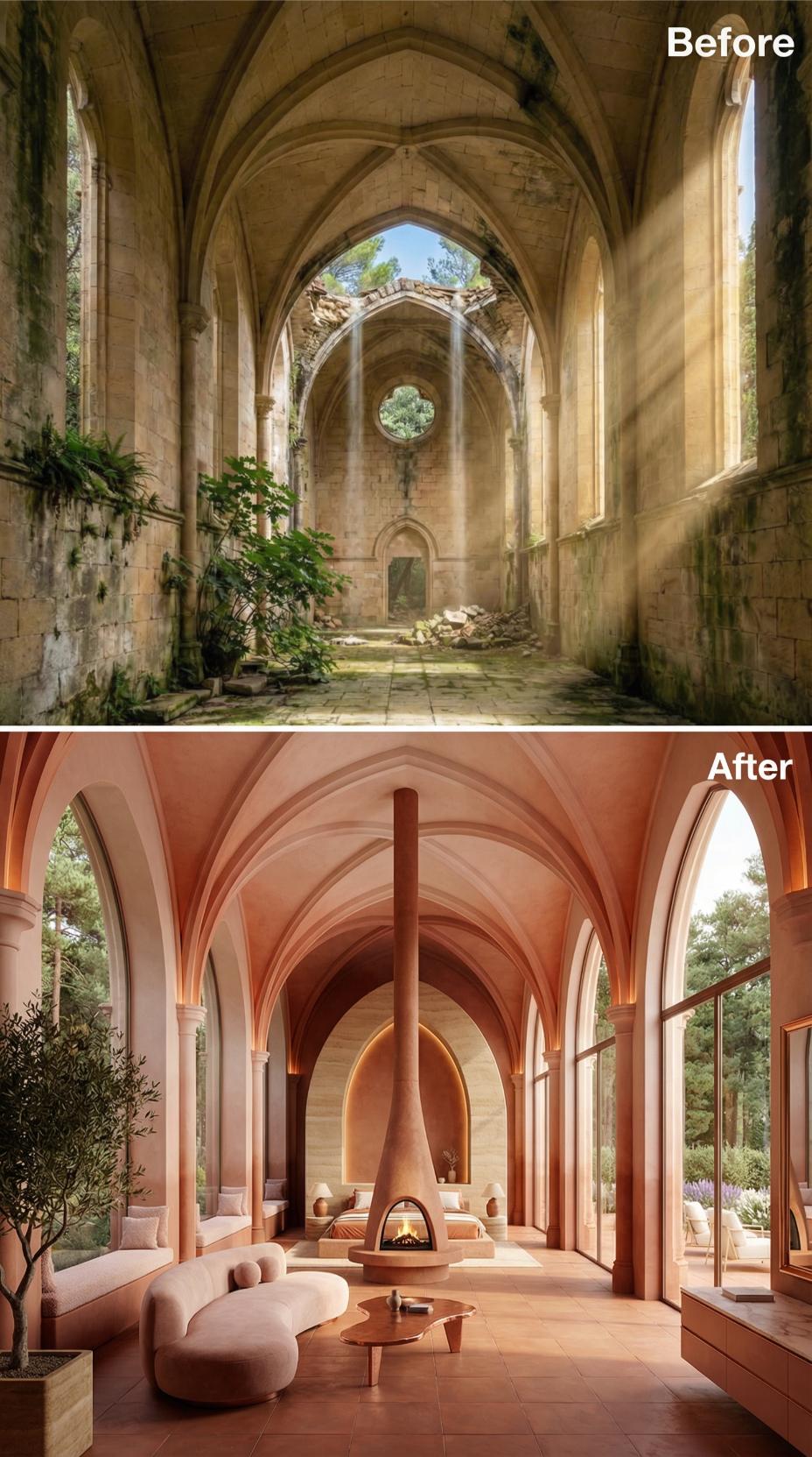 Terracotta Plaster Over Gothic Ribs Revives a Ruined Nave Bedroom Lounge