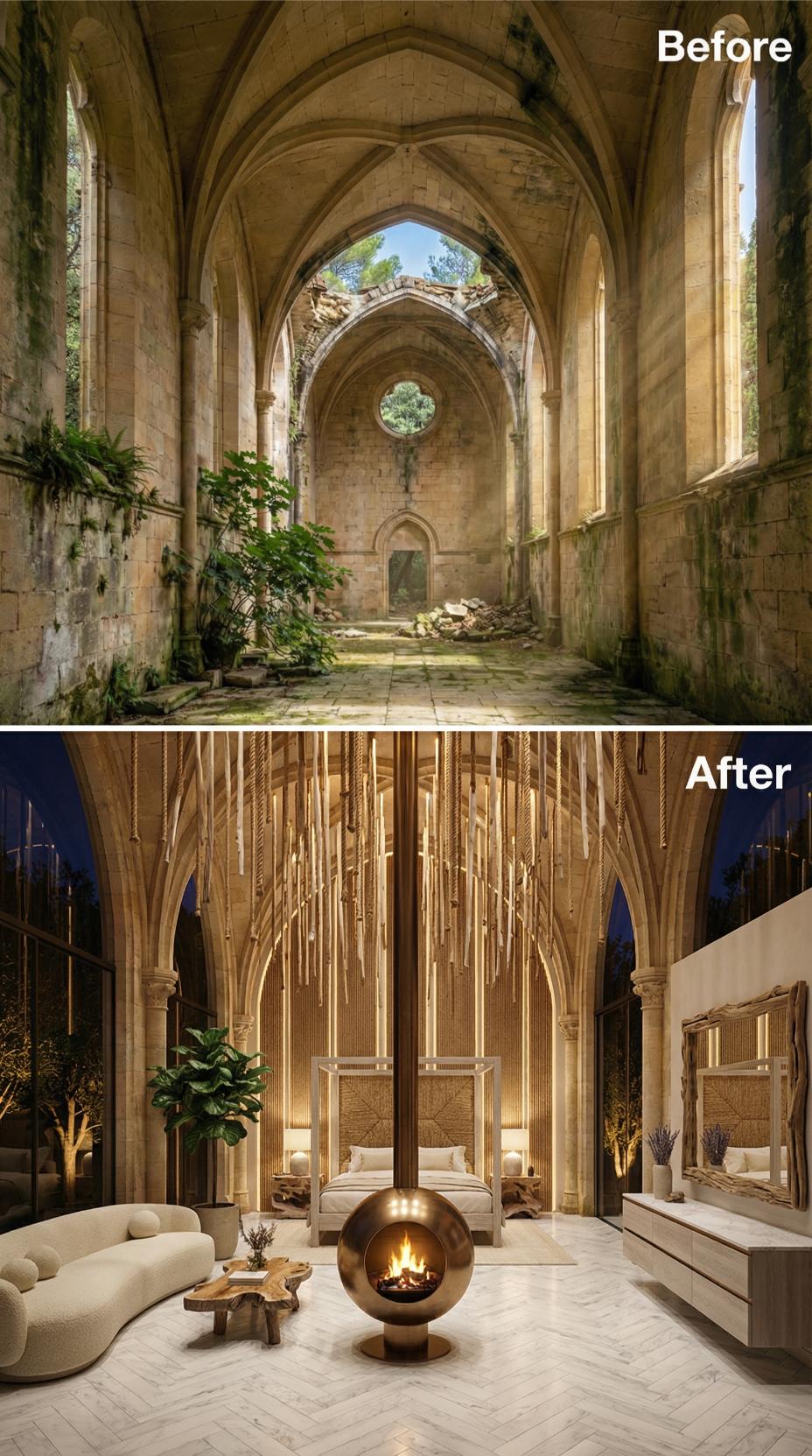 Rope-Hung Brass Pendants and a Globe Fireplace Reclaim a Collapsed Gothic Nave