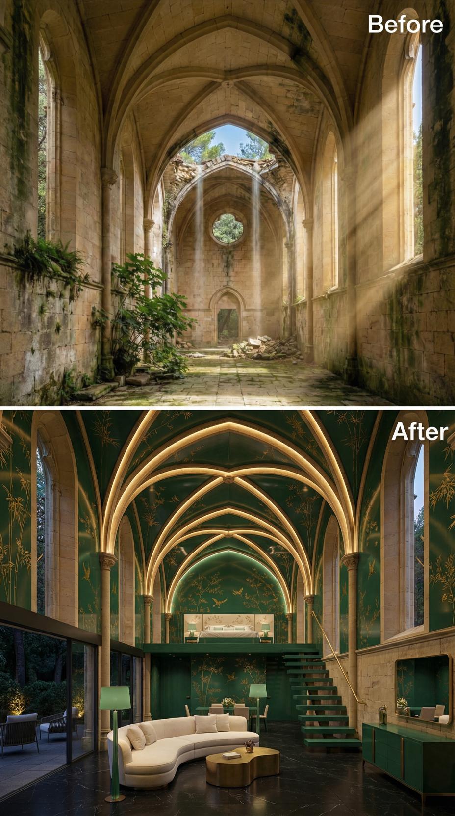 Emerald Lacquer and Gold Chinoiserie Wallcovering Reclaim a Collapsed Gothic Nave