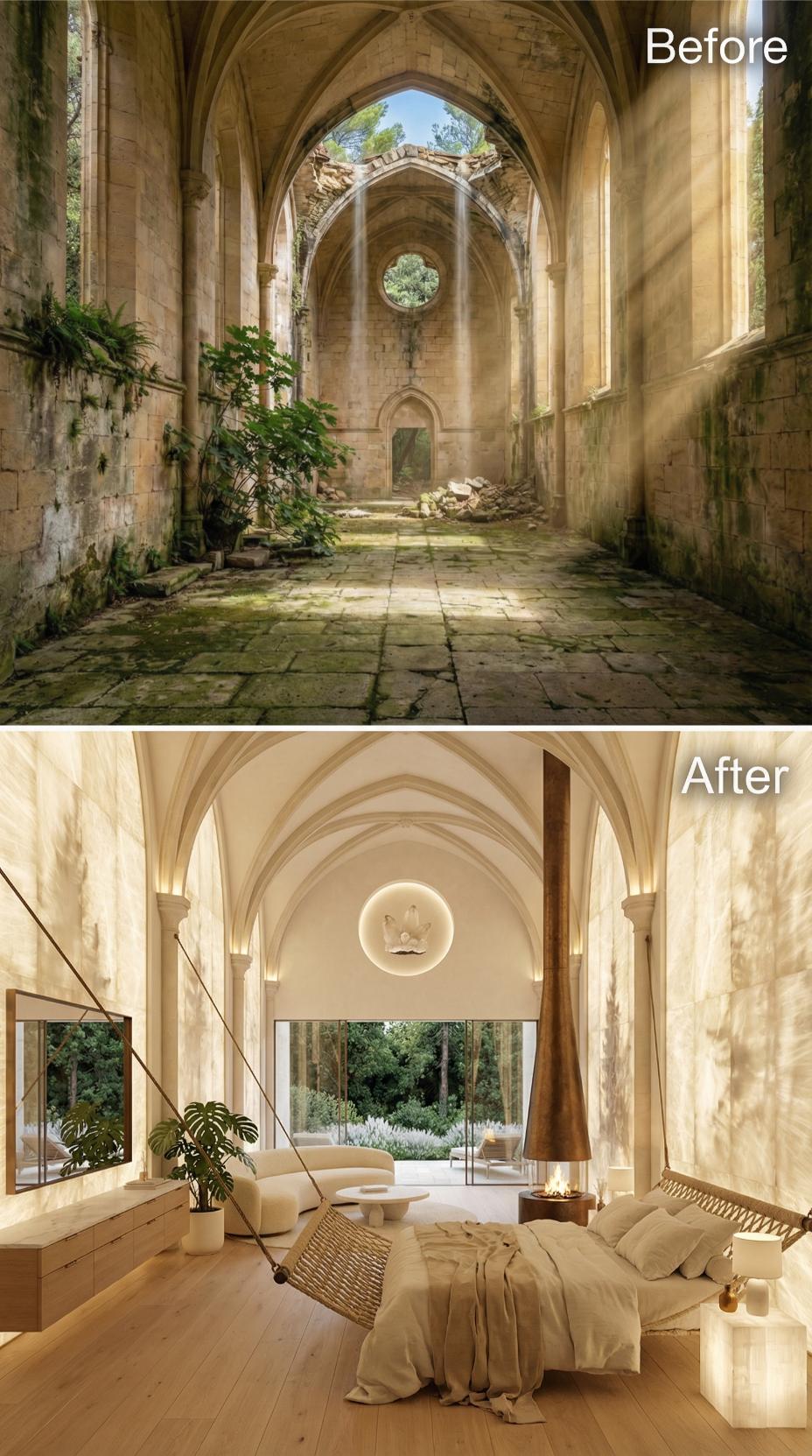Chalk-White Vaulting and a Suspended Copper Fireplace Reclaim a Collapsed Gothic Nave