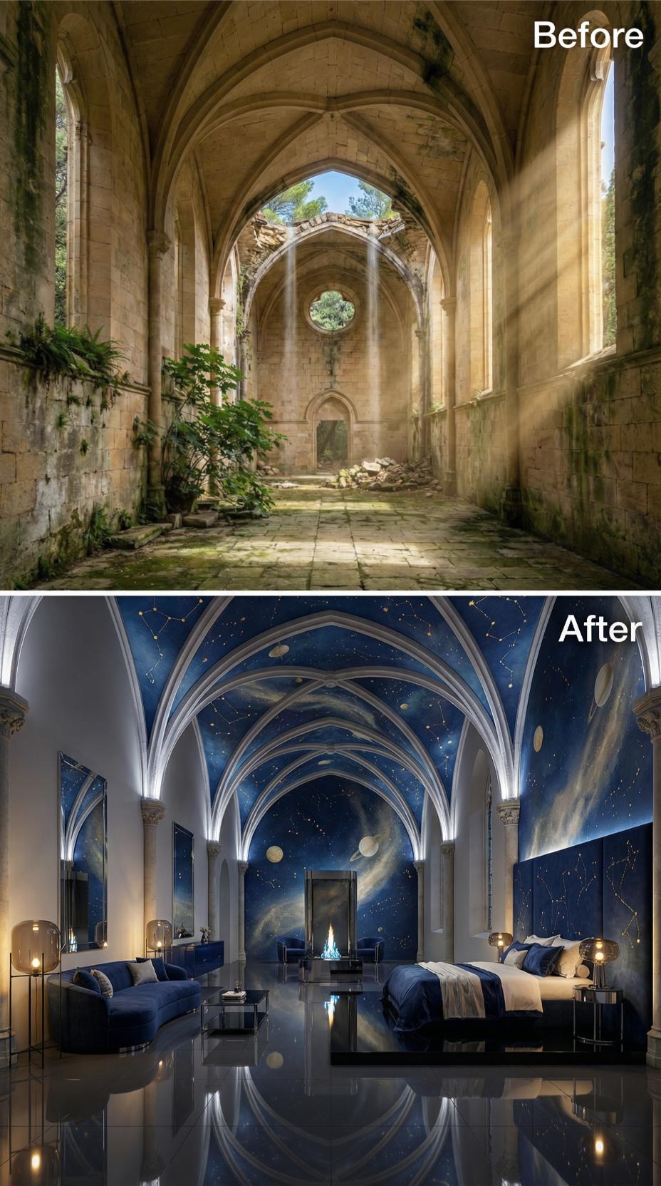 Constellation Murals Painted Across Gothic Vaulting Anchor a Navy Bedroom Suite