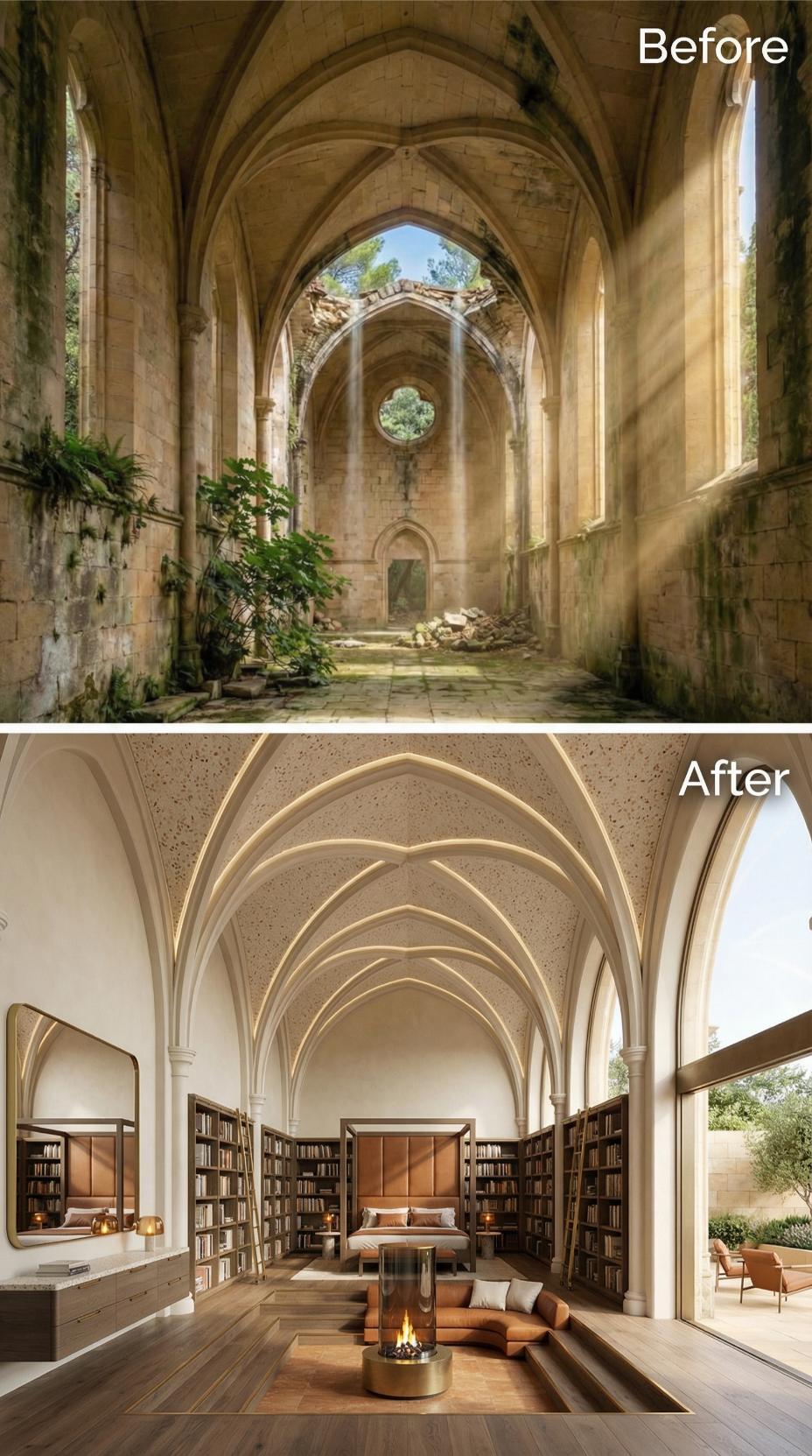 Whitewashed Gothic Ribs and Floor-to-Ceiling Bookshelves Reclaim a Ruined Nave as a Library Bedroom