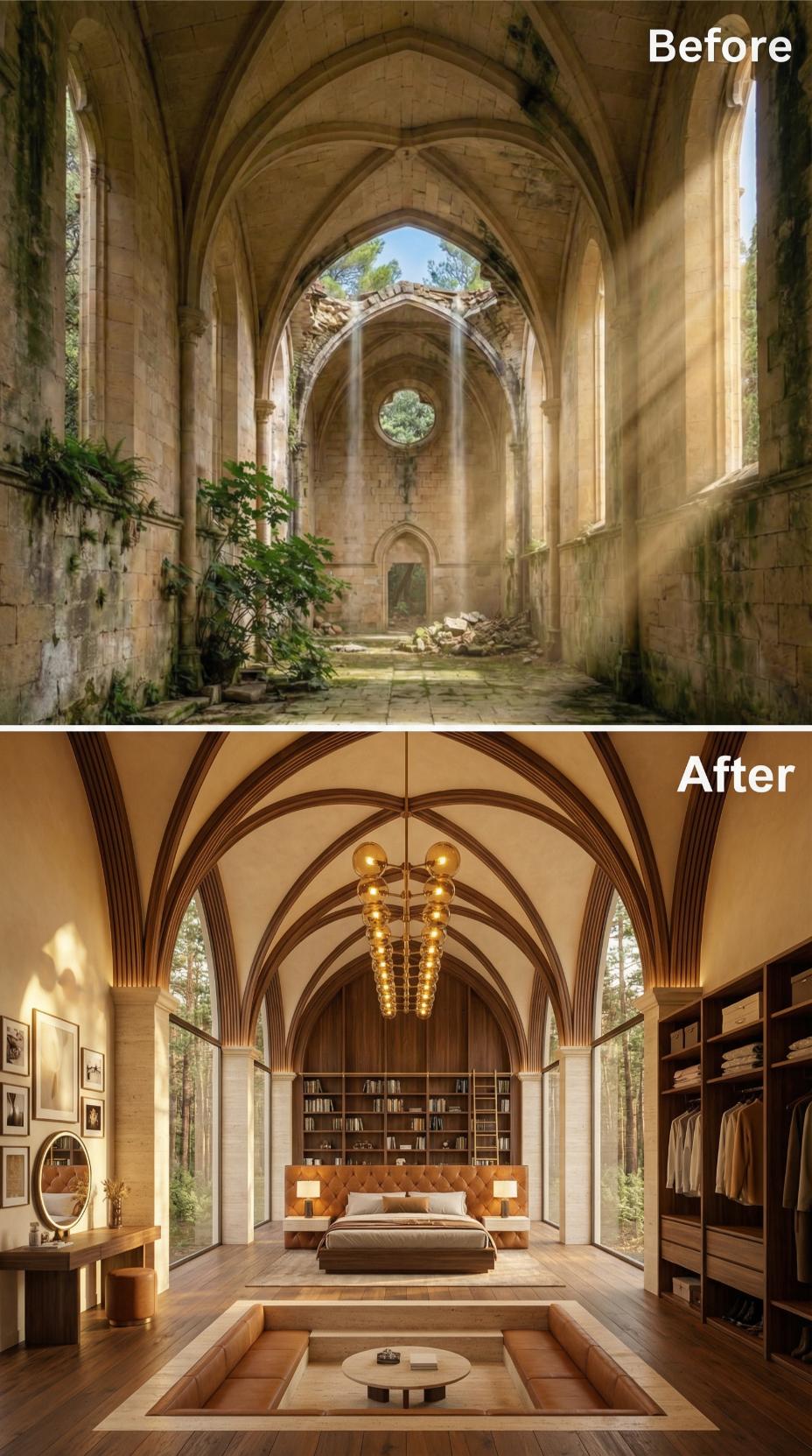 Crumbling Gothic Nave Rebuilt Into a Cathedral Bedroom With Walnut and Warm Gold