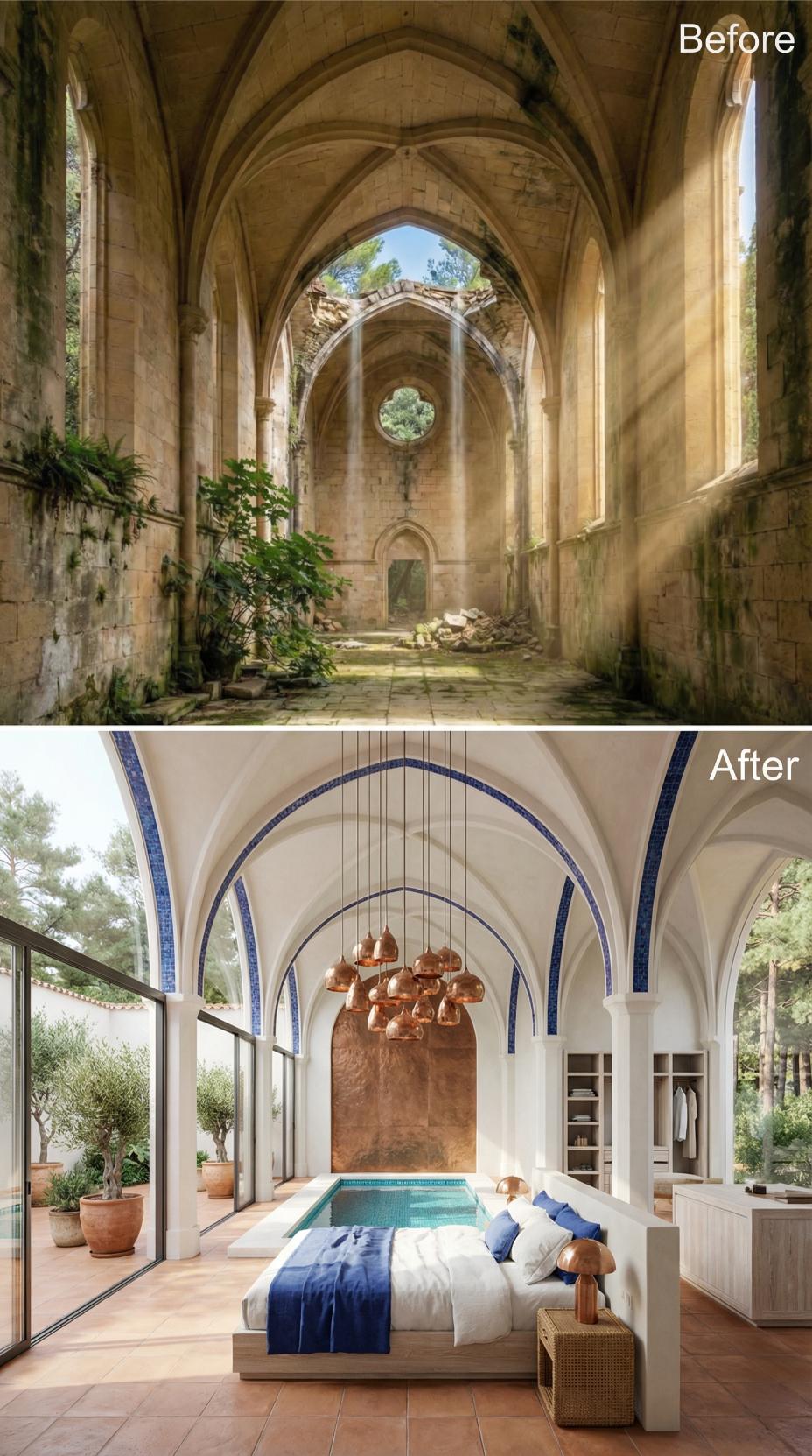 Whitewashed Vaulted Nave Converted Into a Bedroom With Copper Pendants and an Inset Pool