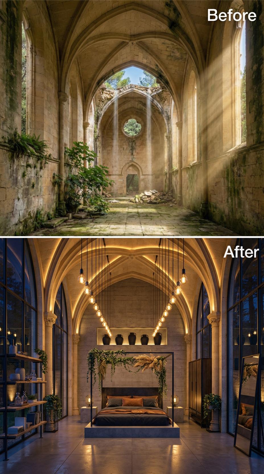 Gothic Nave Vaulted Ceiling Kept Intact Above an Edison-Lit Platform Bed