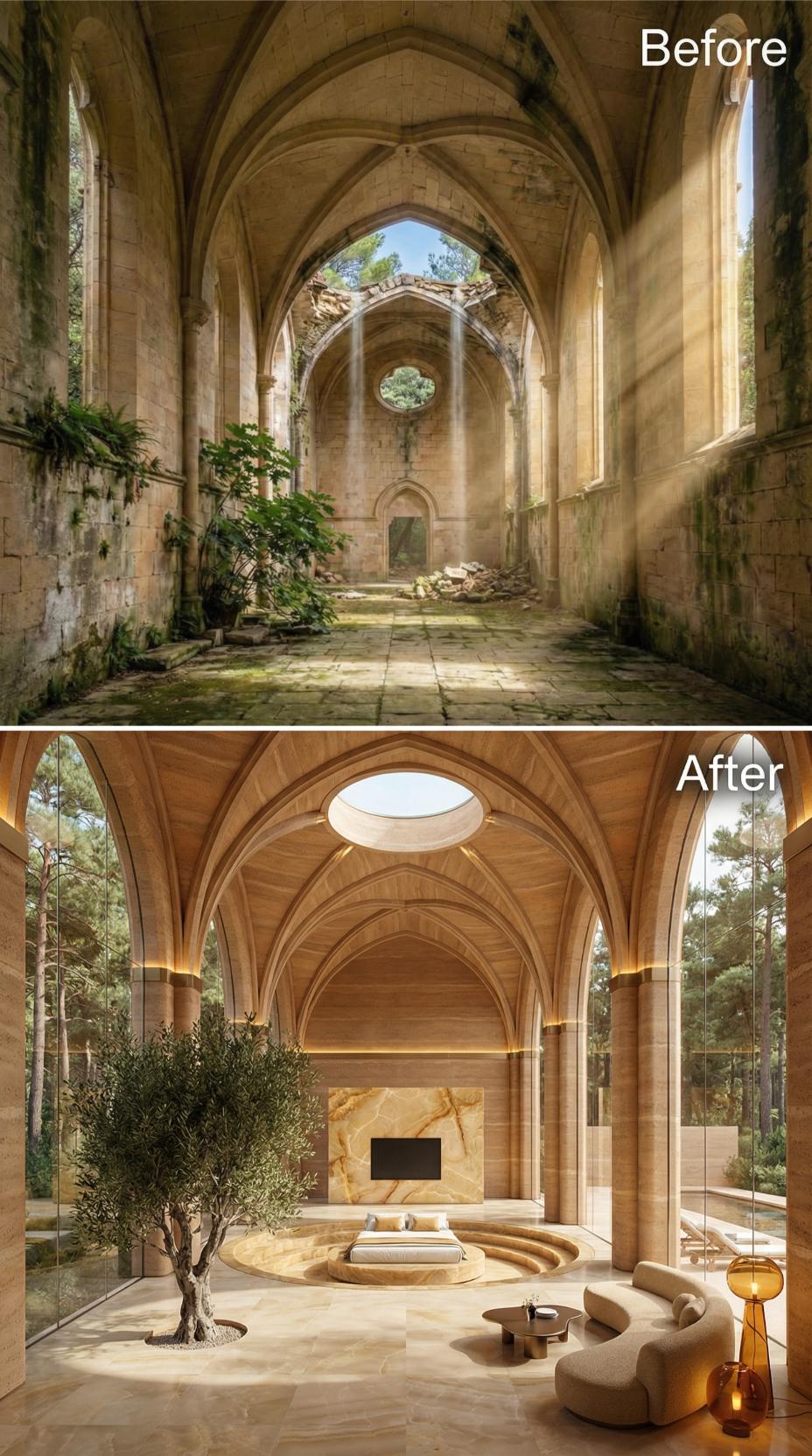 Abandoned Gothic Nave Reborn With Travertine, an Olive Tree, and a Sunken Bed