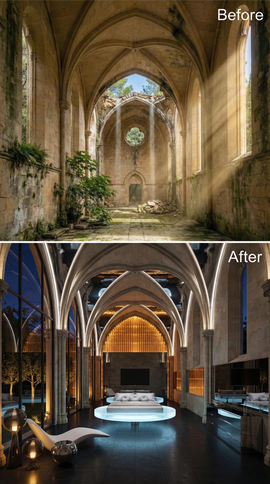 Gothic Nave Fitted With LED Arch Trim, a Floating Bed Platform, and Gold Reed Walls