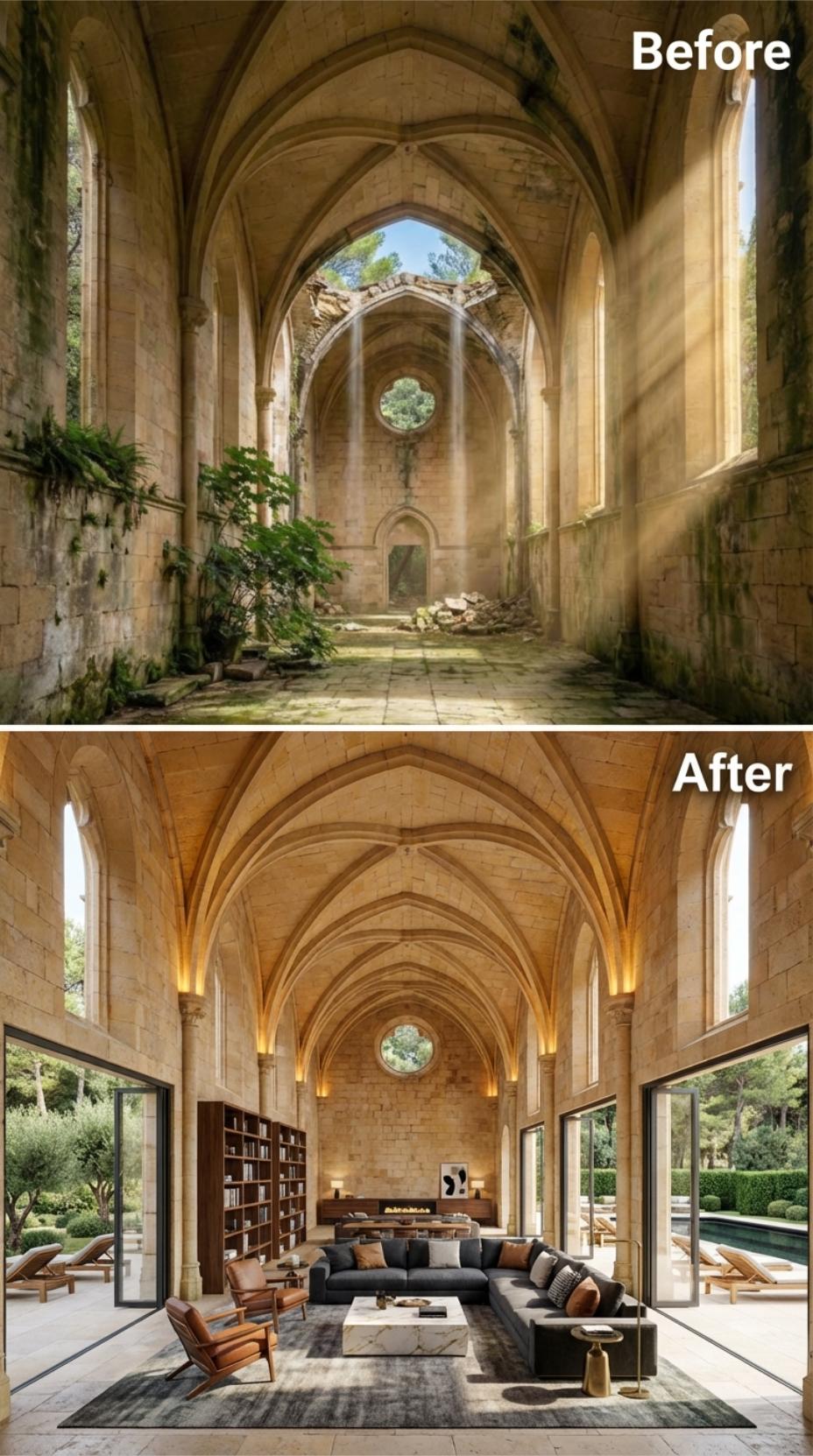 Gothic Nave Converted Into a Vaulted Living Room With Ribbed Stone Ceilings