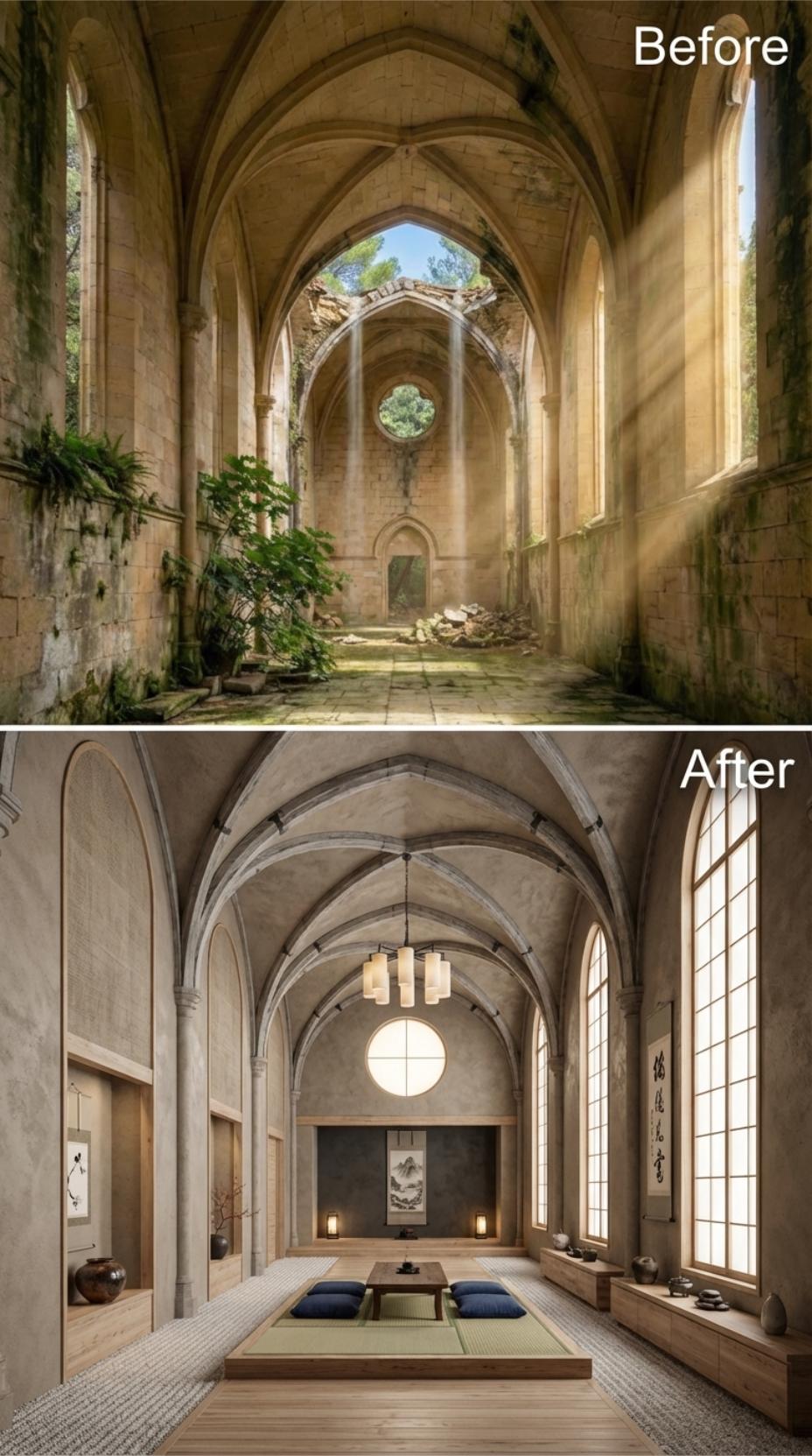 Wabi-Sabi Living Inside Gothic Stone Vaulting, Tatami Mats on the Floor
