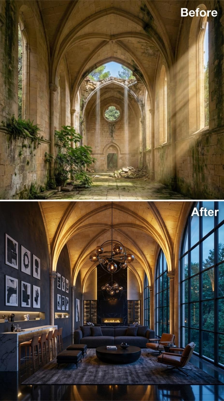Dark Stone Vaulting, Cognac Leather, and an Orb Chandelier Reclaim a Gothic Ruin