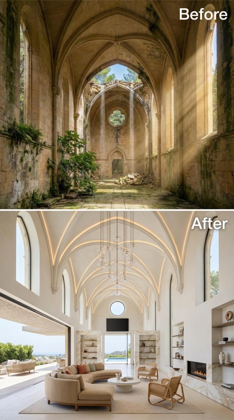 Vaulted Ribs Outlined in LED Strip Light, Linen Sectional Below a Gothic Oculus