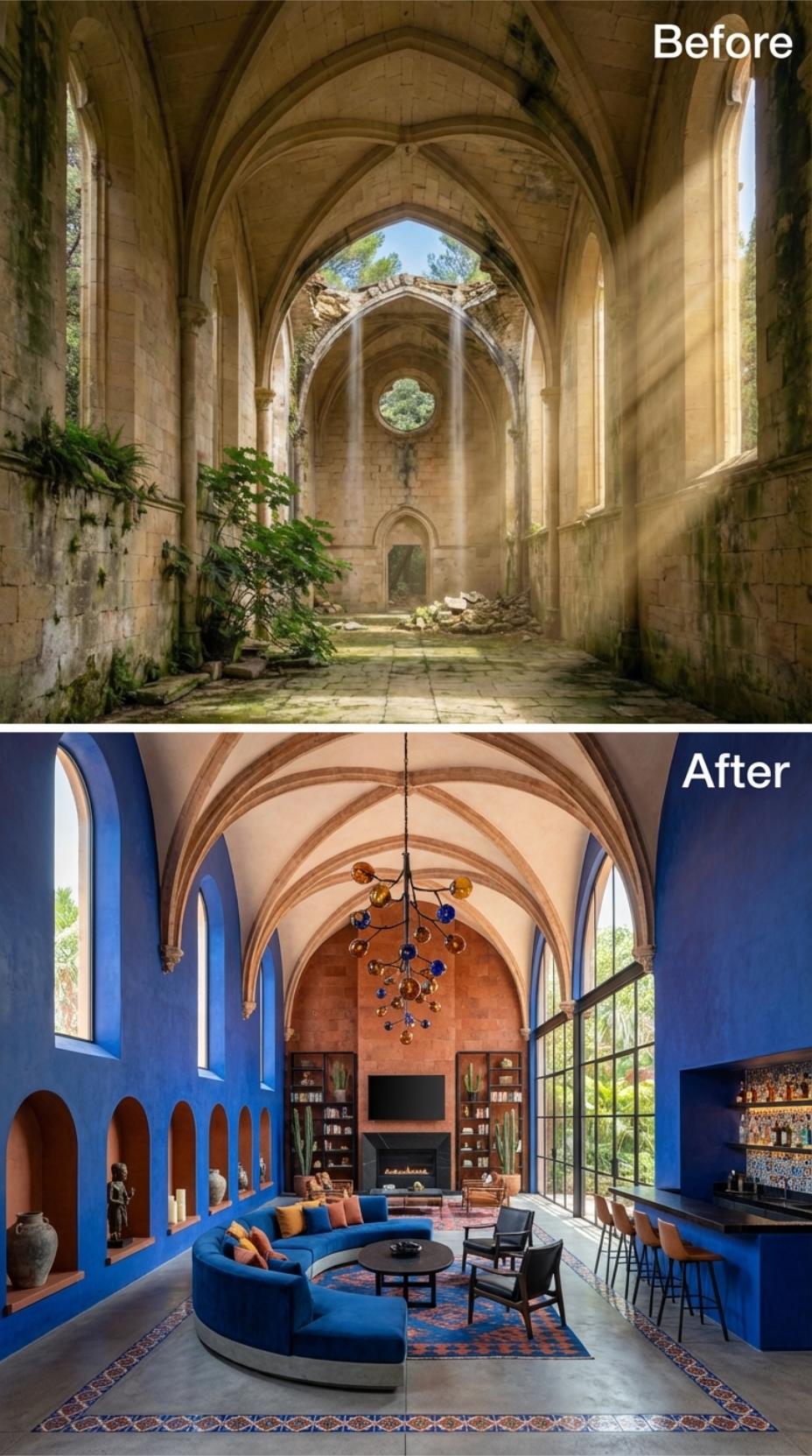 Cobalt Walls and a Blown-Glass Chandelier Inside Gothic Ribbed Stone Vaults