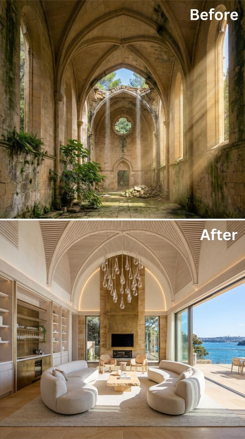 Sandstone Arch and Teardrop Crystal Pendants Over Curved Linen Seating With Harbor Views
