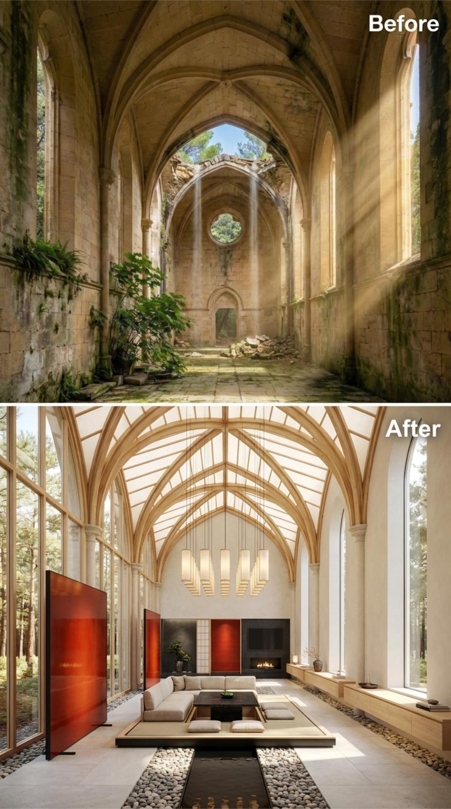 Oak Ribwork and Japanese Floor Seating Reclaim a Crumbling Gothic Nave