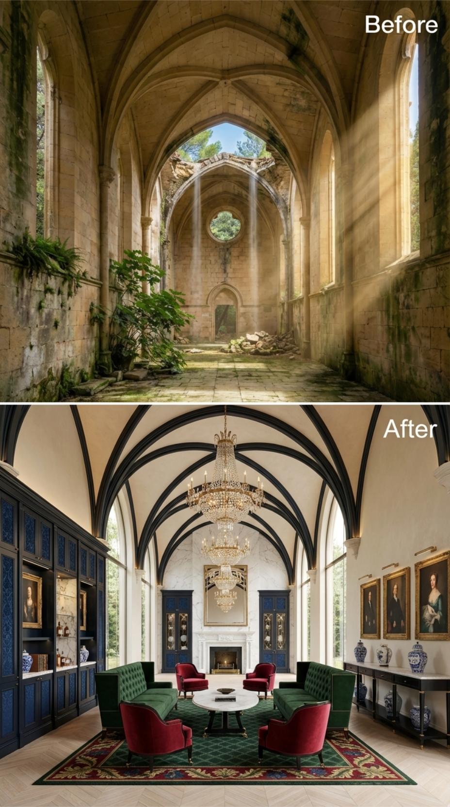 Gothic Ribs Painted Obsidian, Crystal Chandelier, Green Velvet on the Floor