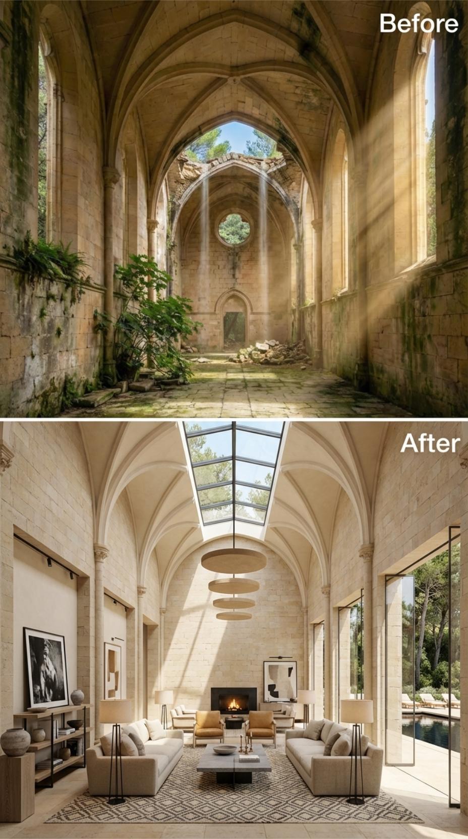 Crumbling Nave, Glass Ceiling: Gothic Ruins Reborn as a Cream-Stone Living Room