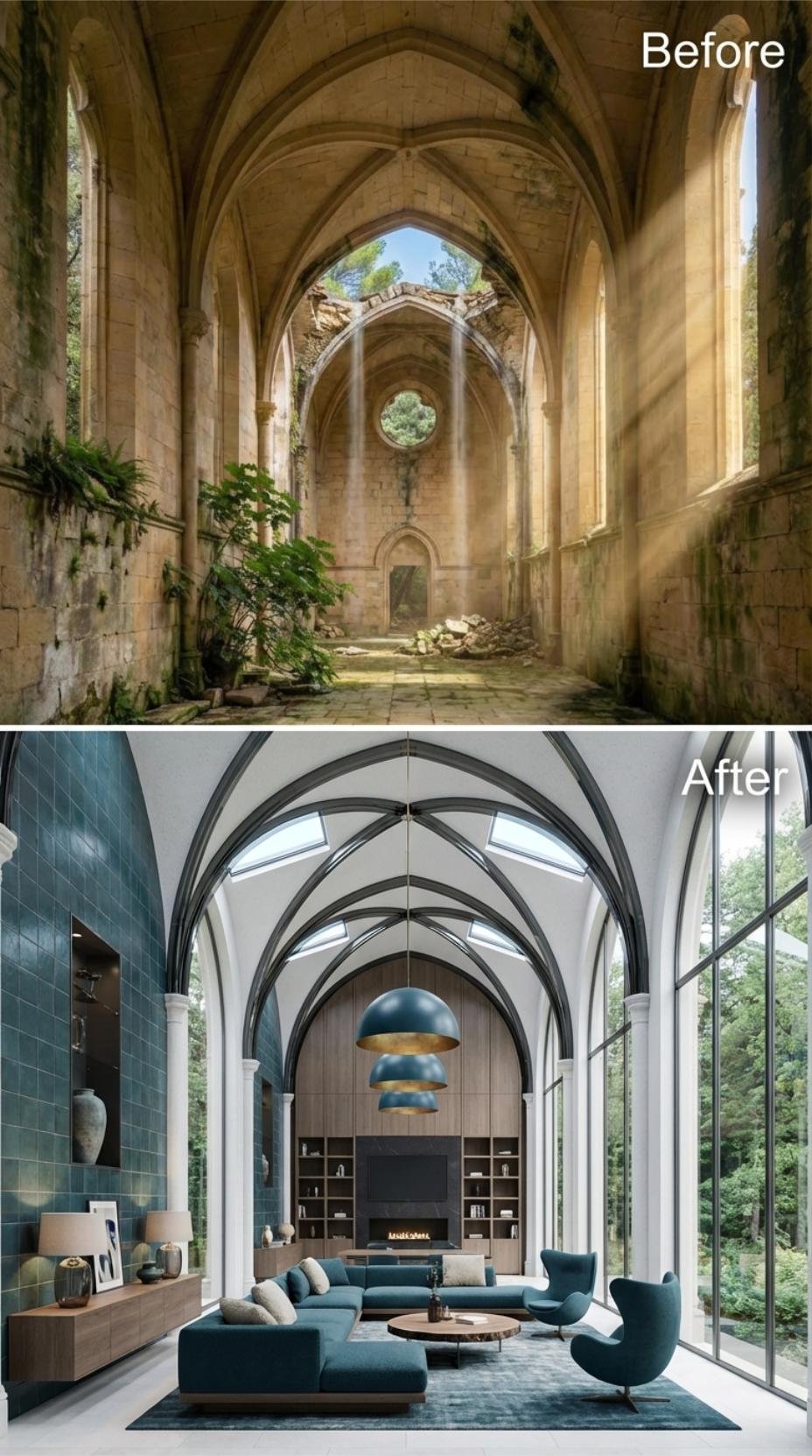 Teal Sectional and Gothic Ribbed Vaults Reclaim a Roofless Stone Nave