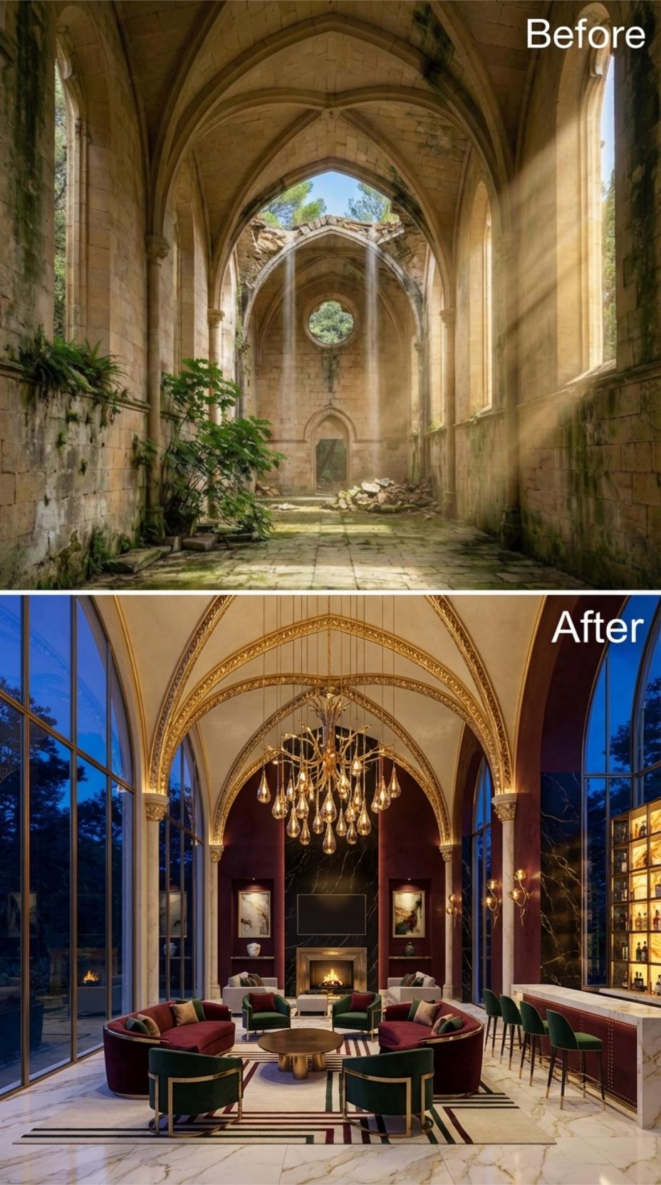 Gold-Trimmed Gothic Arches, Crimson Velvet, and a Teardrop Chandelier Over Marble