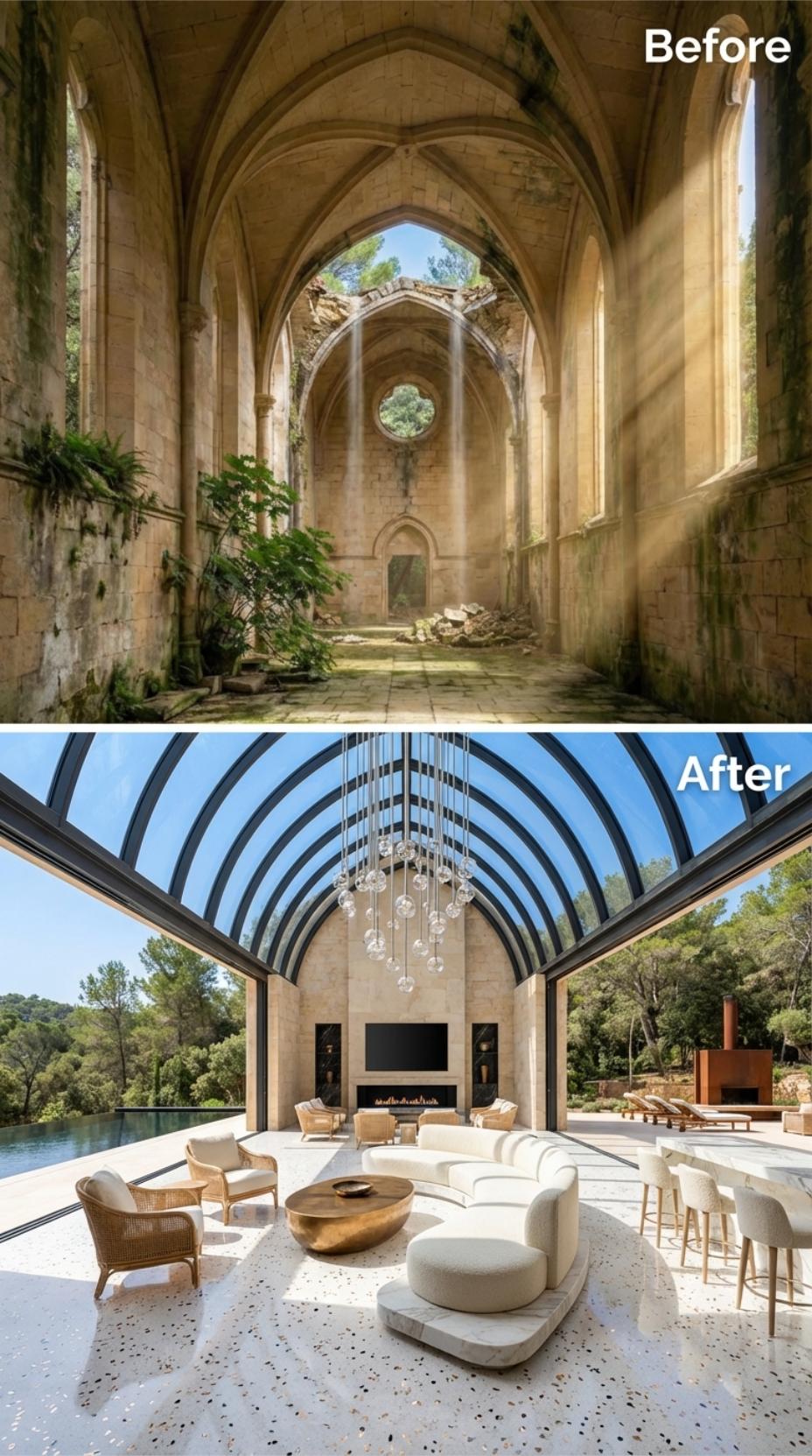 Gothic Nave Roofed in Curved Glass, Terrazzo Below, Open Sky Above