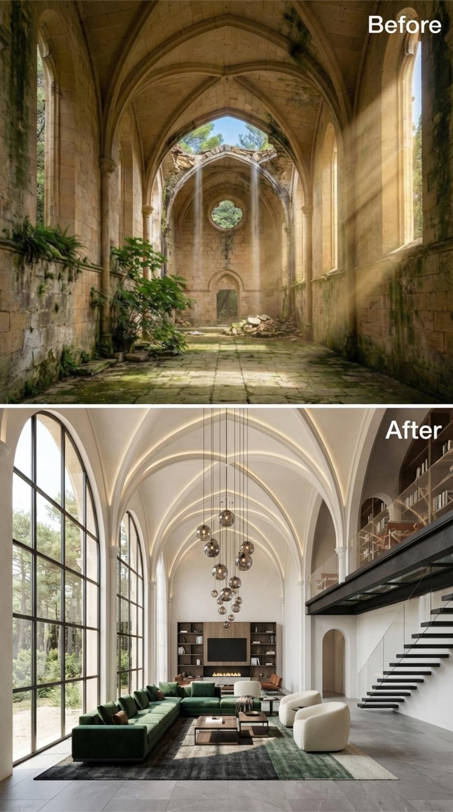 Ribbed Vaults Plastered White, Green Velvet Sectional, Globe Pendants Over an Open Nave
