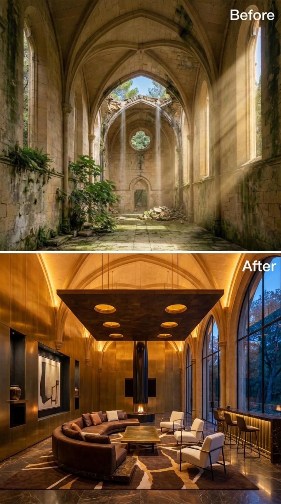 Suspended Fireplace Box, Curved Sectional, and Gothic Vaults Clad in Warm Stone Panel