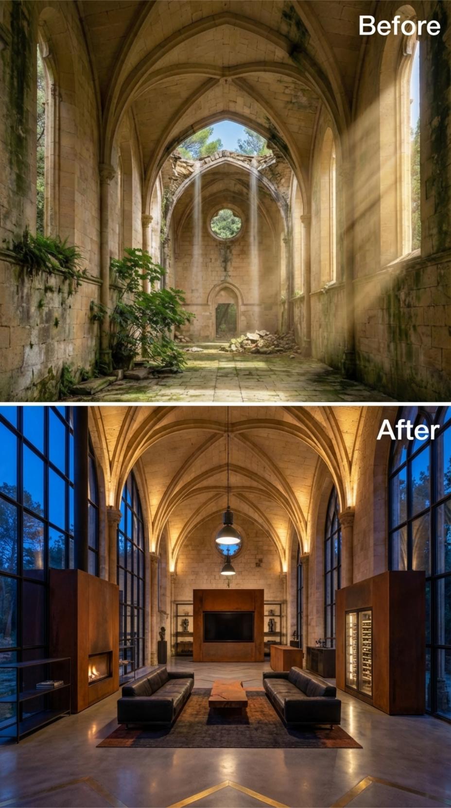 Rusted Corten Steel, Ribbed Stone Vaults, and Low Sectionals Inside a Restored Gothic Nave