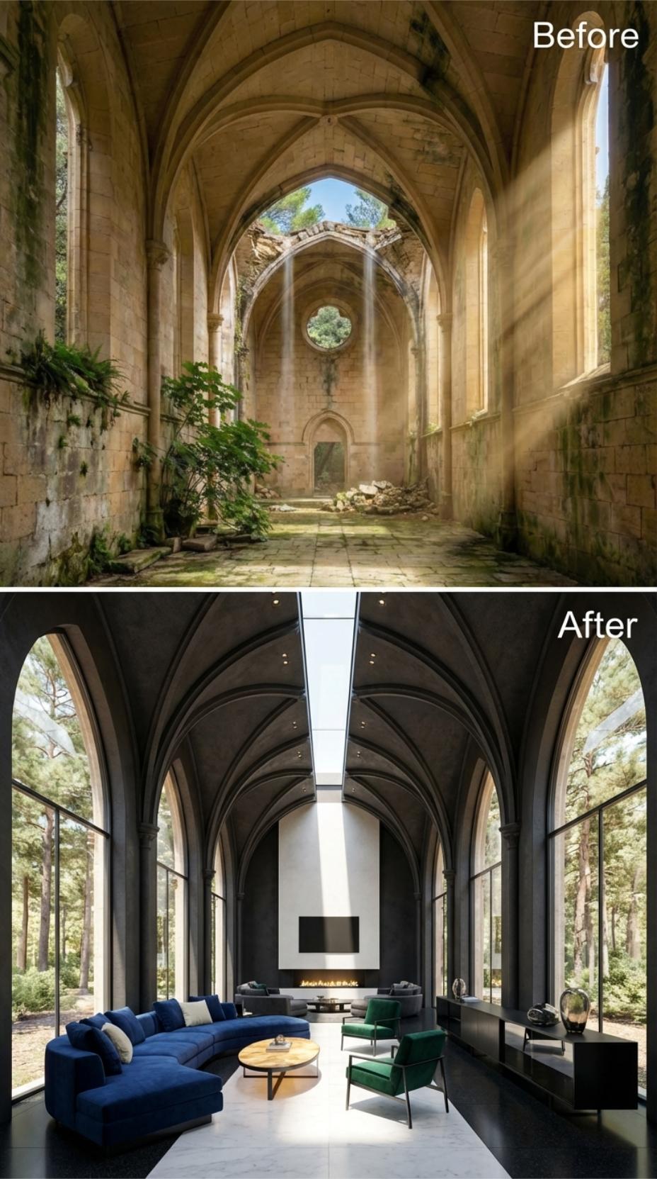 Obsidian Ribbed Vaults, Navy Curved Sectional, Fireplace Slab Inside a Restored Stone Nave