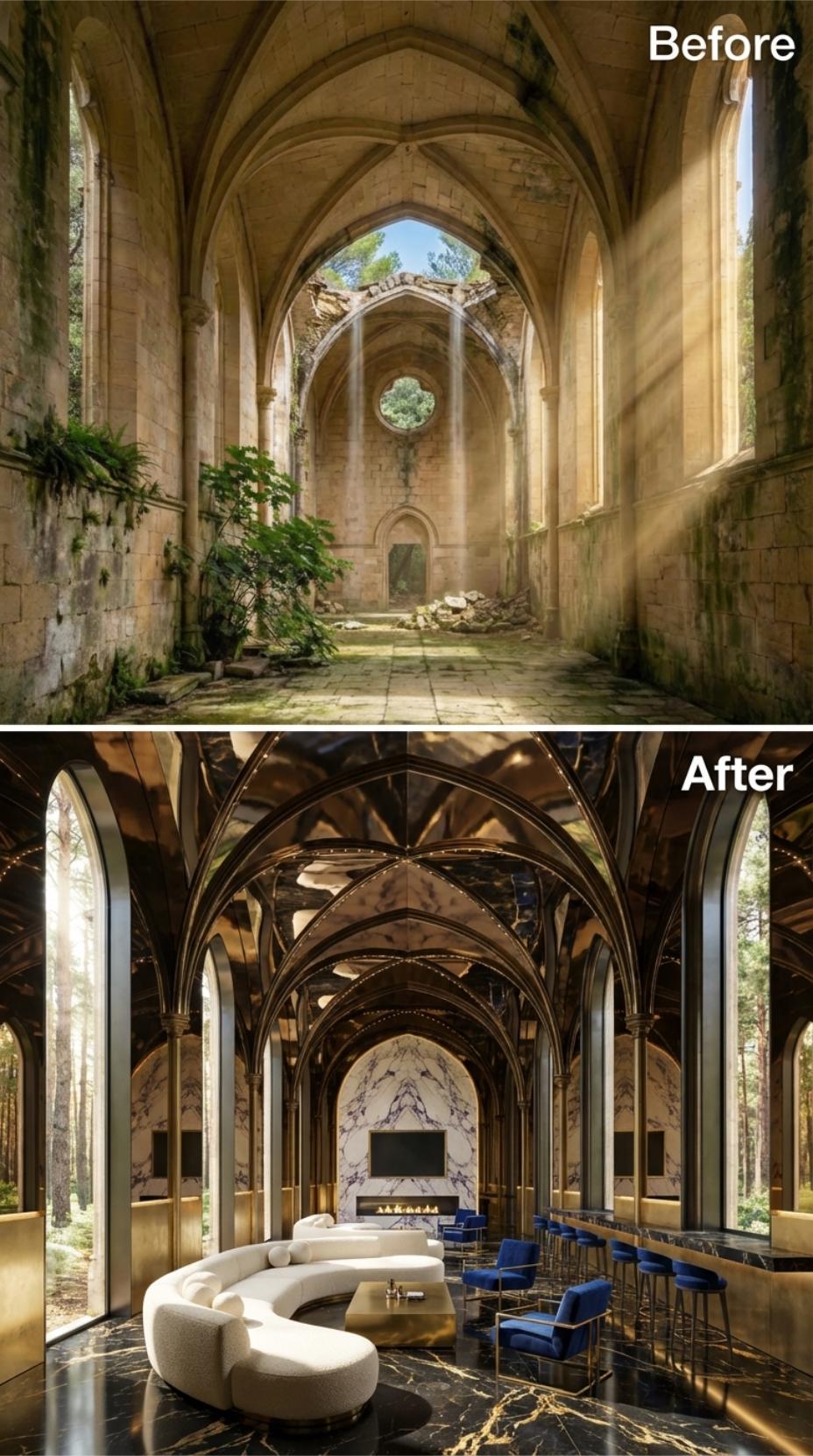 Bronzed Ribbed Vaults, Black Marble, and a Curved Boucle Sectional Inside a Restored Stone Nave