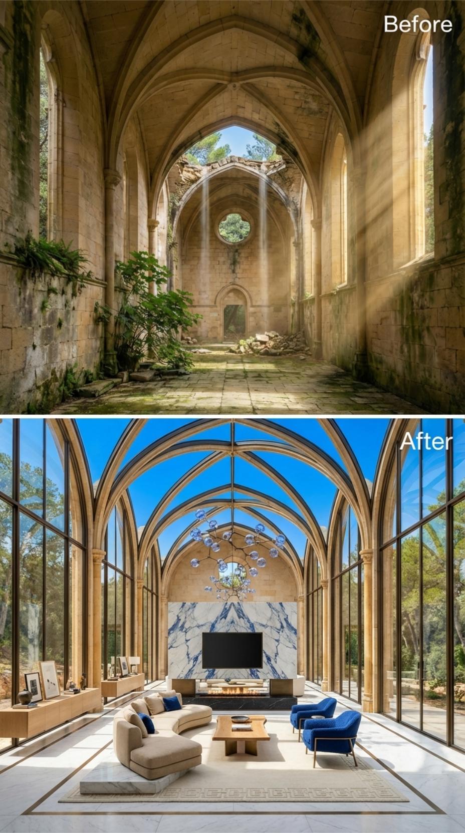 Stone Nave Opened to Sky, Fitted With Glass Walls and a Blue Sphere Chandelier